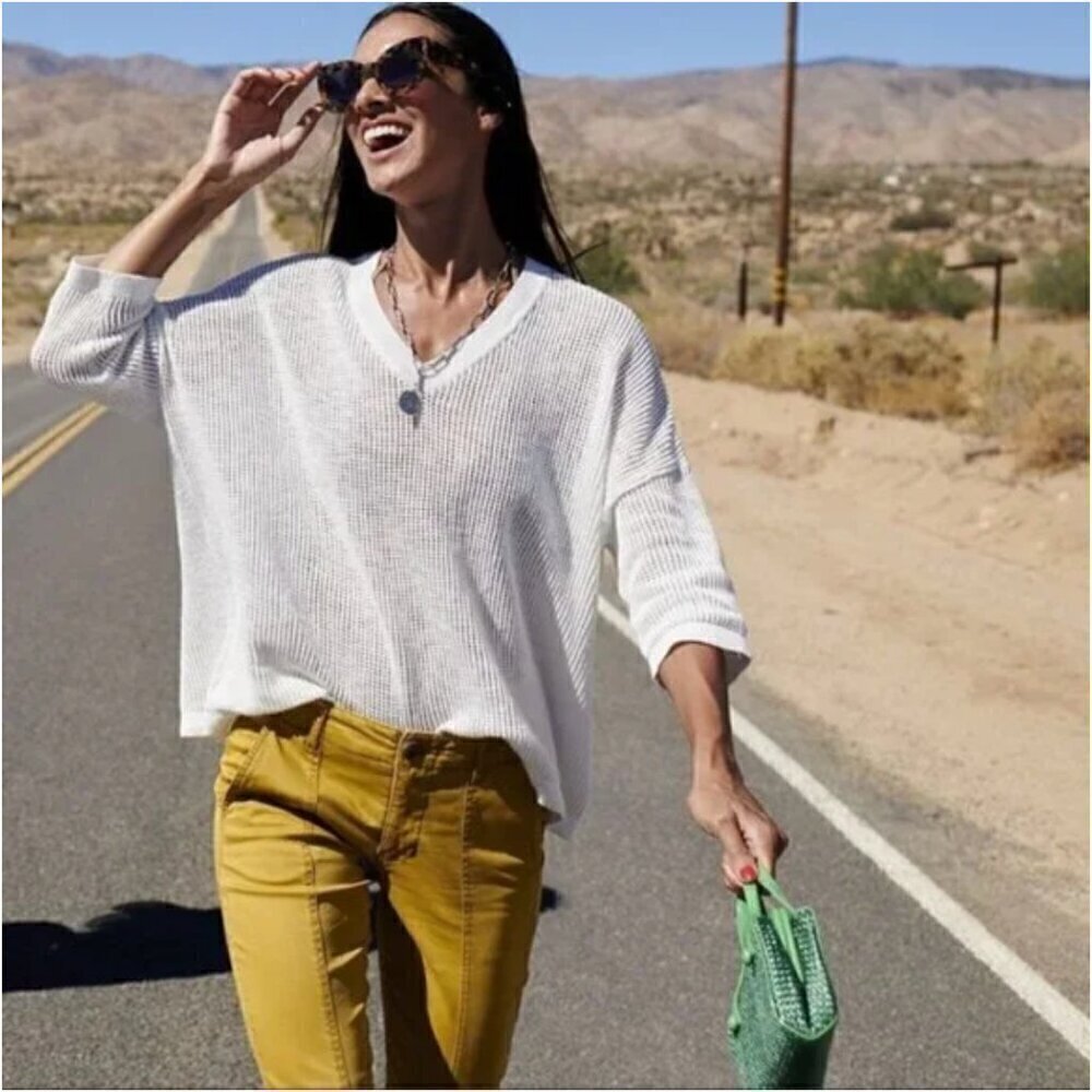 Cabi Breeze Pullover White Cotton Linen Blend Open-Knit V-Neck #5454, XS
